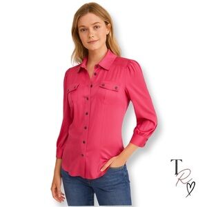 Bebe Y2K Silk Button Front Fitted Blouse in Coral Pink Size Small Satin Luxe